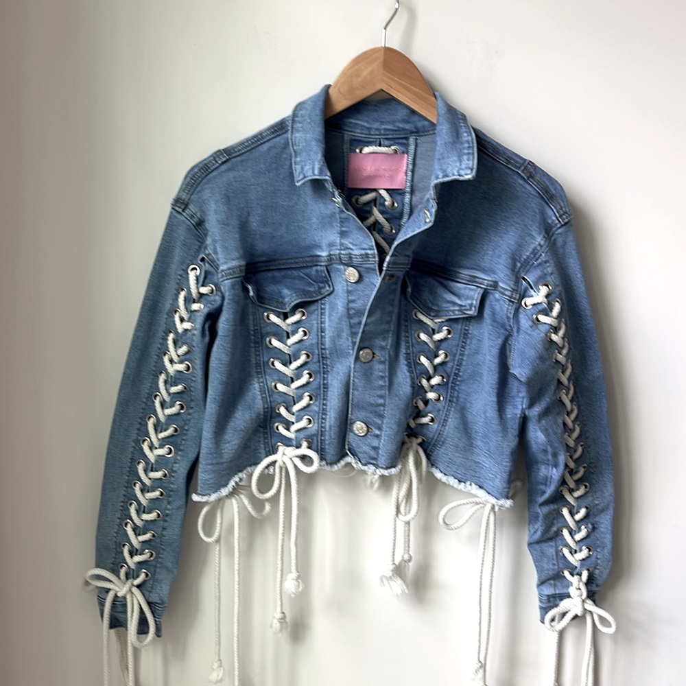 Azalea Wang Lace Up Cropped Denim Jacket Button Front Festival Boho Size S - Picture 2 of 11